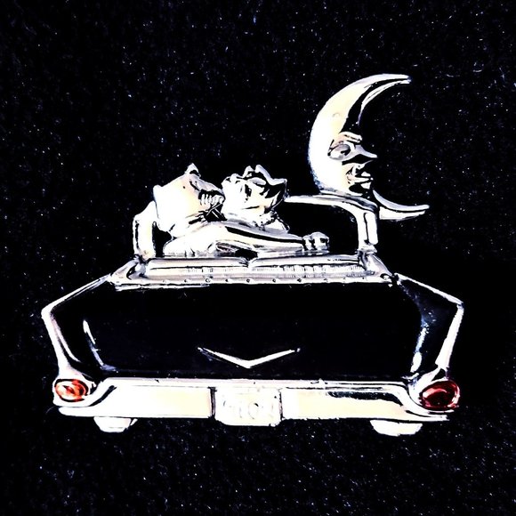 CAT'S  MEOW! Blk Enamel/Silver '57 Chevy Convertible w/Crescent Moon OAJC Brooch - Picture 1 of 8